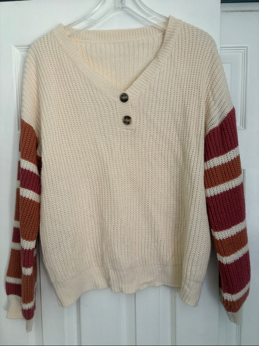Cozy V-Neck Striped Sleeve Knit Sweater - Cream with Rust & Berry